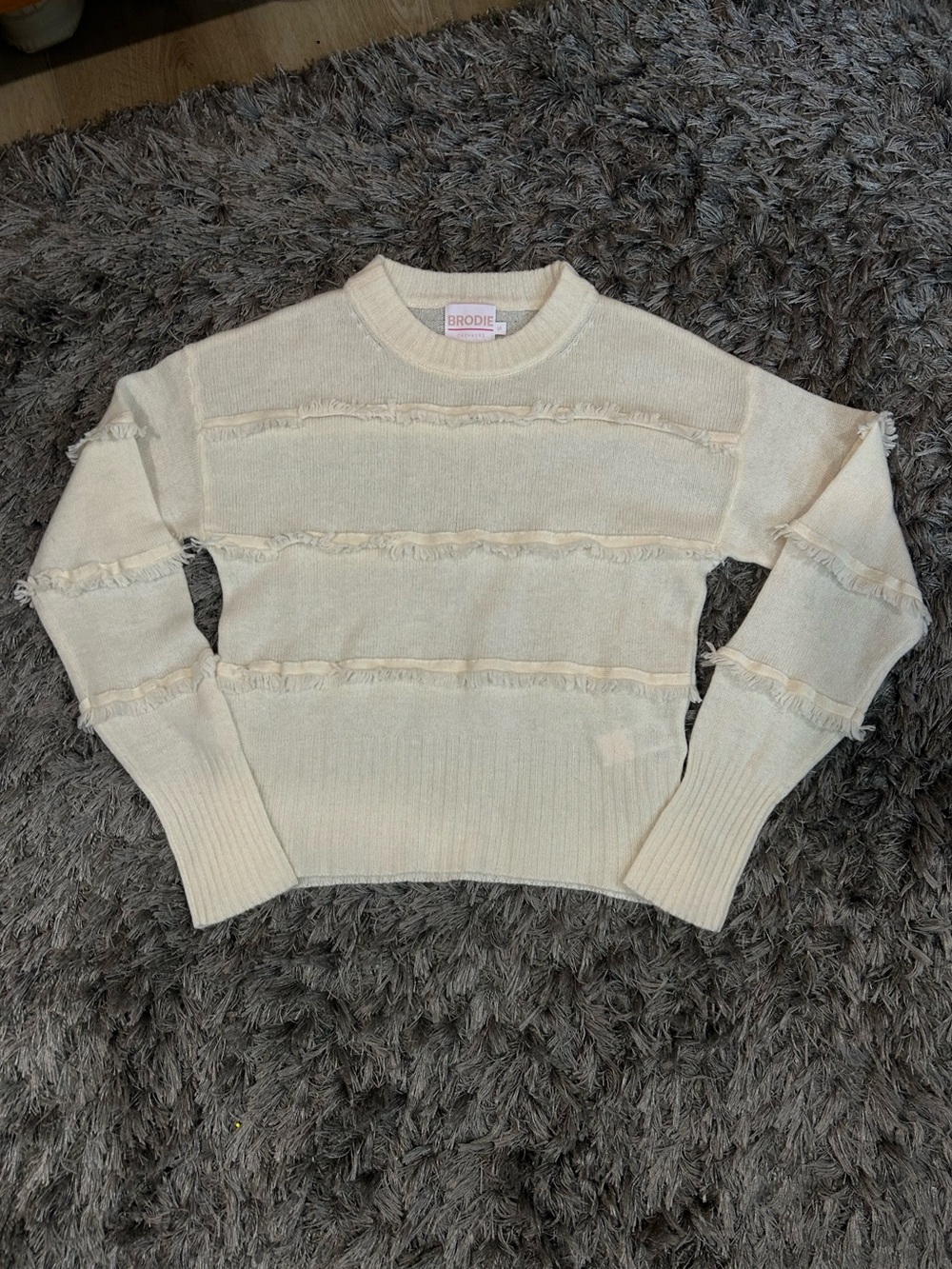 Brodie Cashmere Faye Fringe Crewneck Sweater Cream Ivory S